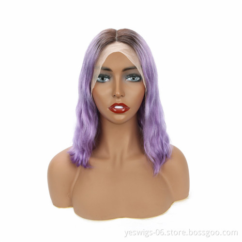 Wholesale 1b/Purple Wig Mink Malaysian Human Virgin Wavy Hair Ombre Color Transparent HD Invisible Lace Frontal Short Bob Wig